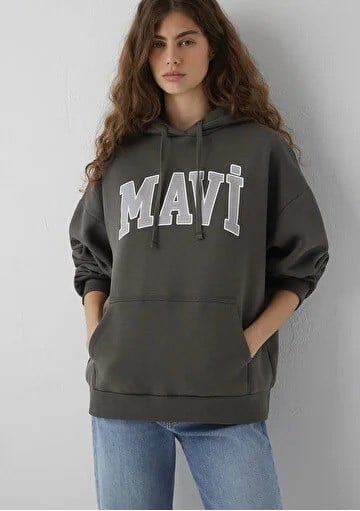 Mavi Logo Baskılı Kapüşonlu Haki Sweatshirt