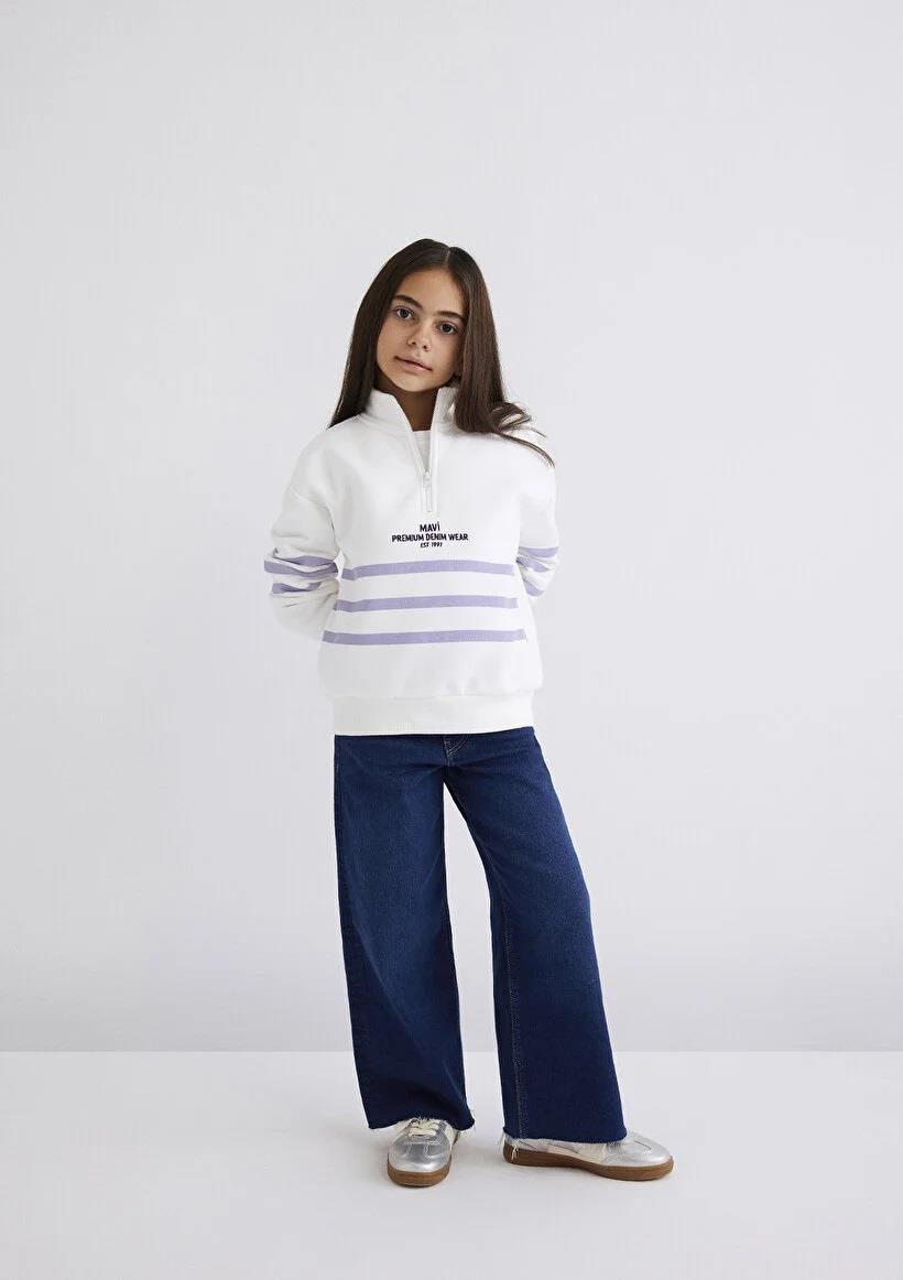 Mavi Yarı Fermuarlı Çizgili Çocuk Sweatshirt