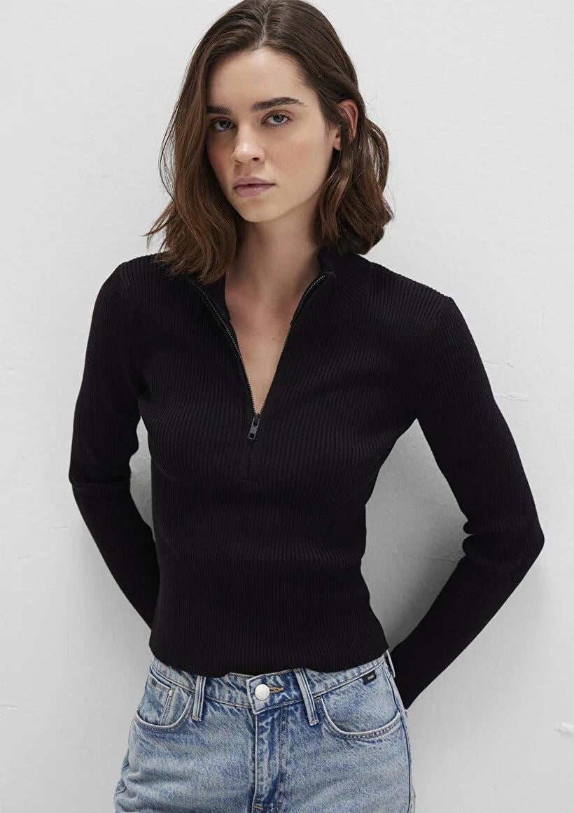 Mavi Yarım Fermuarlı Siyah Kadın Kazak 1710519-900