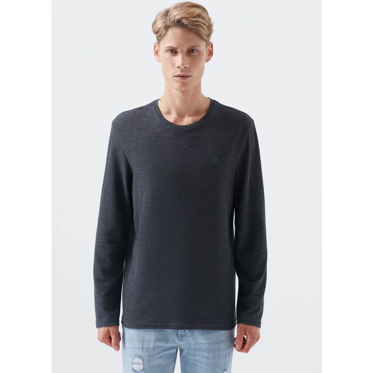 Mavi Uzun Kol  Koyu Gri Melanj Erkek Sweatshirt