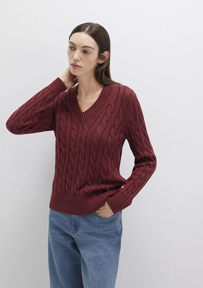 Mavi V Yaka Koyu Bordo Kadın Kazak 1710720-85493