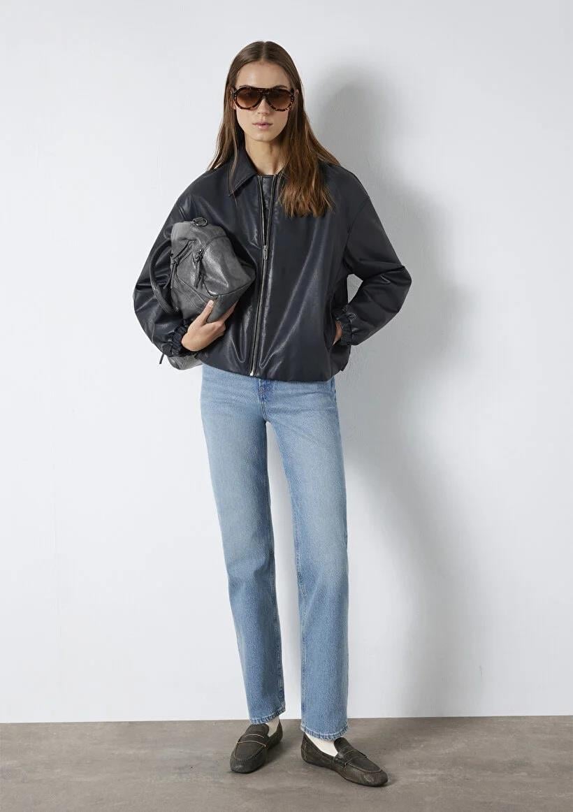 Mavi Oversize Kadın Suni Deri  Ceket-111614-90372