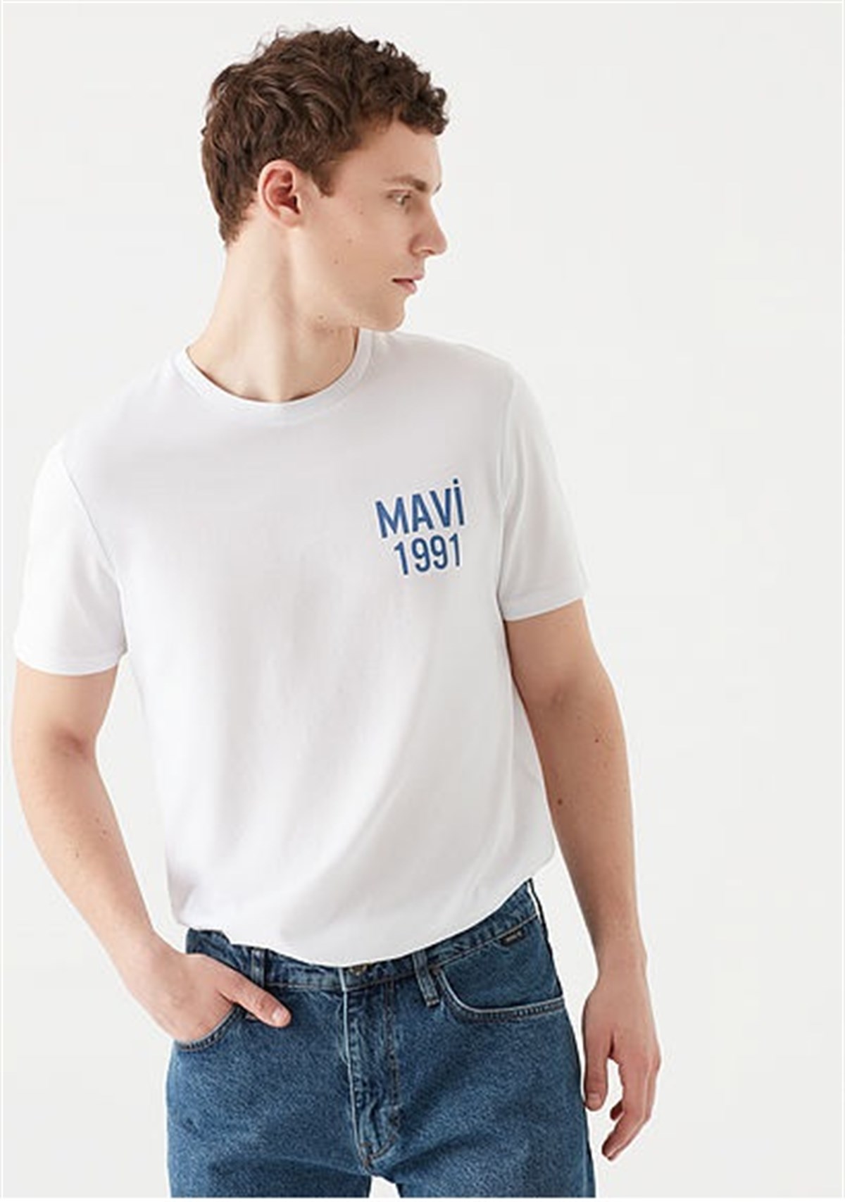 Mavi  1991 Baskılı   Erkek T-Shirt Beyaz