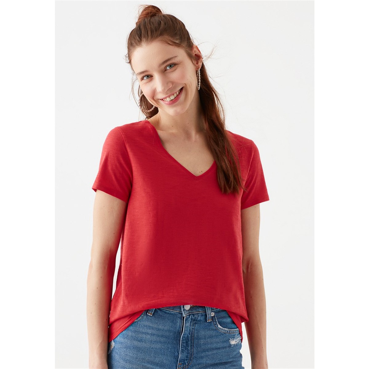 Mavi Basic V Yaka Kadın T-Shirt Açık Kırmızı