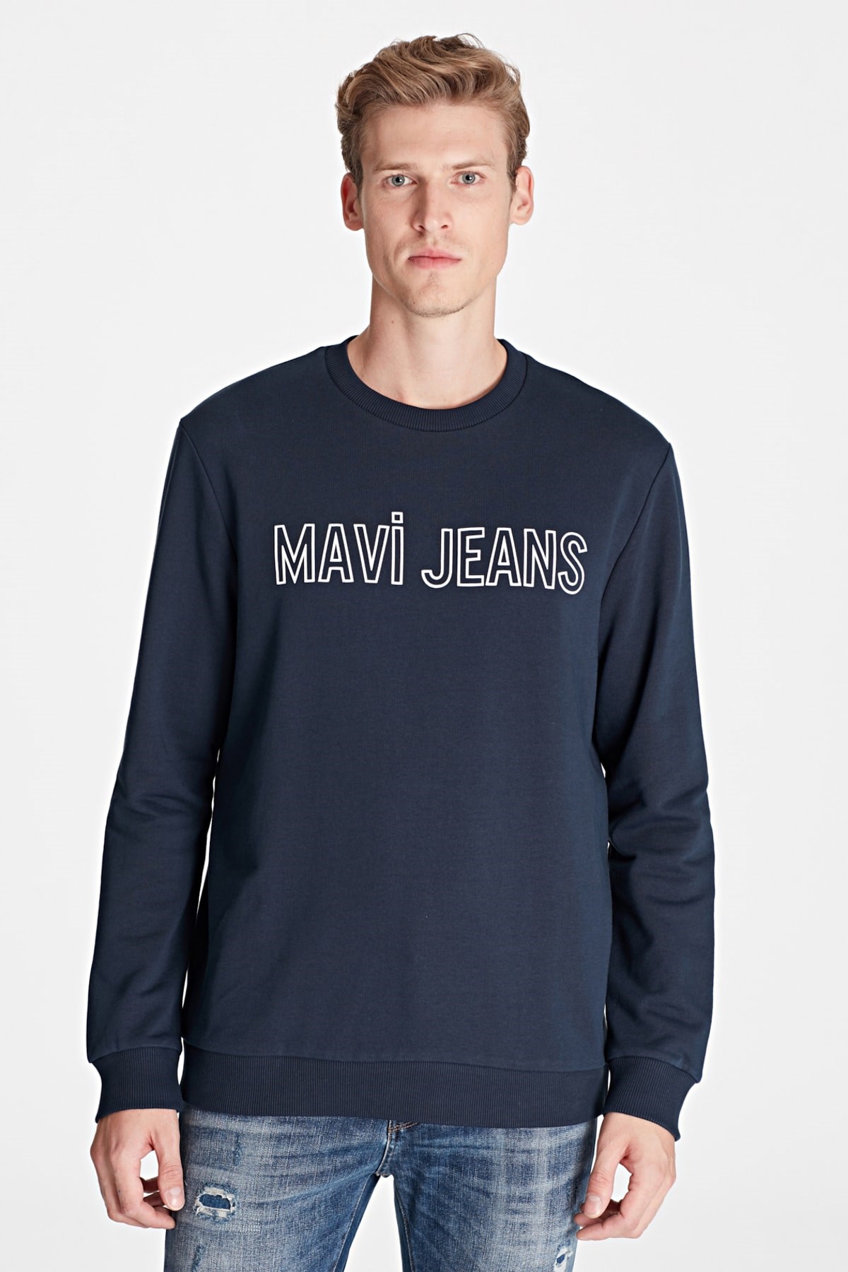 Mavi Baskılı Erkek Sweatshirt Gece Lacivert