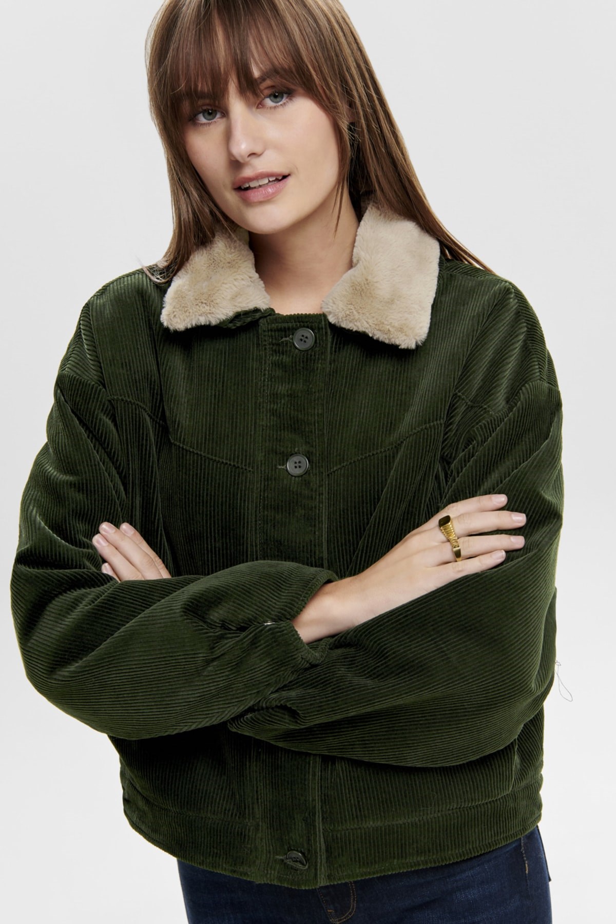 15184483NEBIMV3NEBIMV3|15184483|ForestONLY ONLBITTEN CORD BUTTON FUR JACKET KADIN MONT-Forest Night