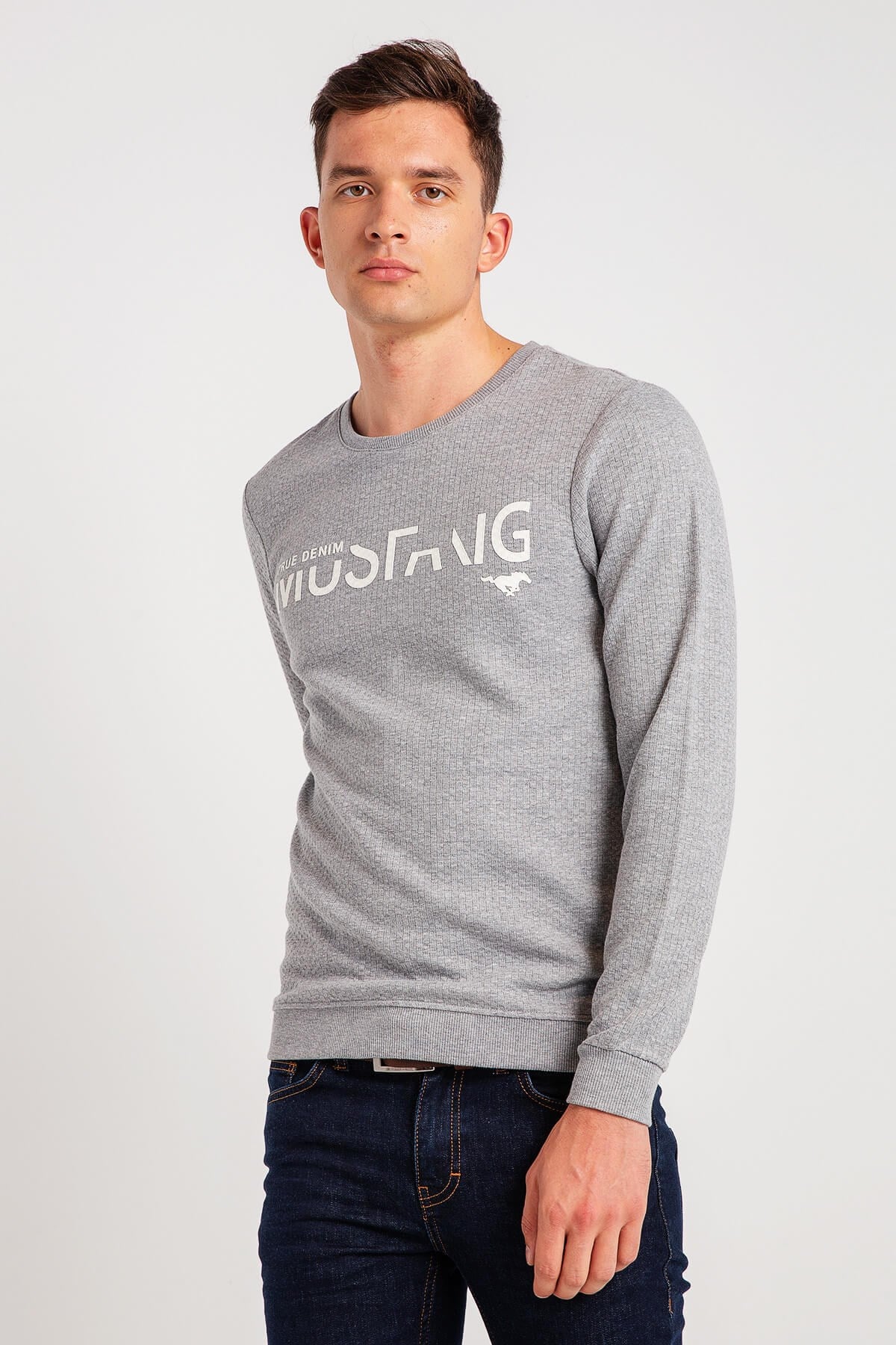04-M00105-160NEBIMV3NEBIMV3|04-M00105-160|E88MUSTANG ERKEK KABARTMA BASKILI SWEATSHIRT-Açık Gri