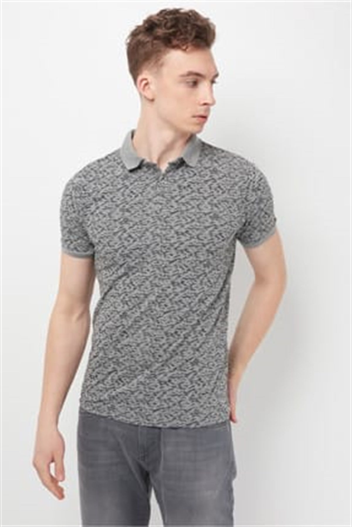 065580-28386Mavi Baskılı Polo Tişört Gri Melanj