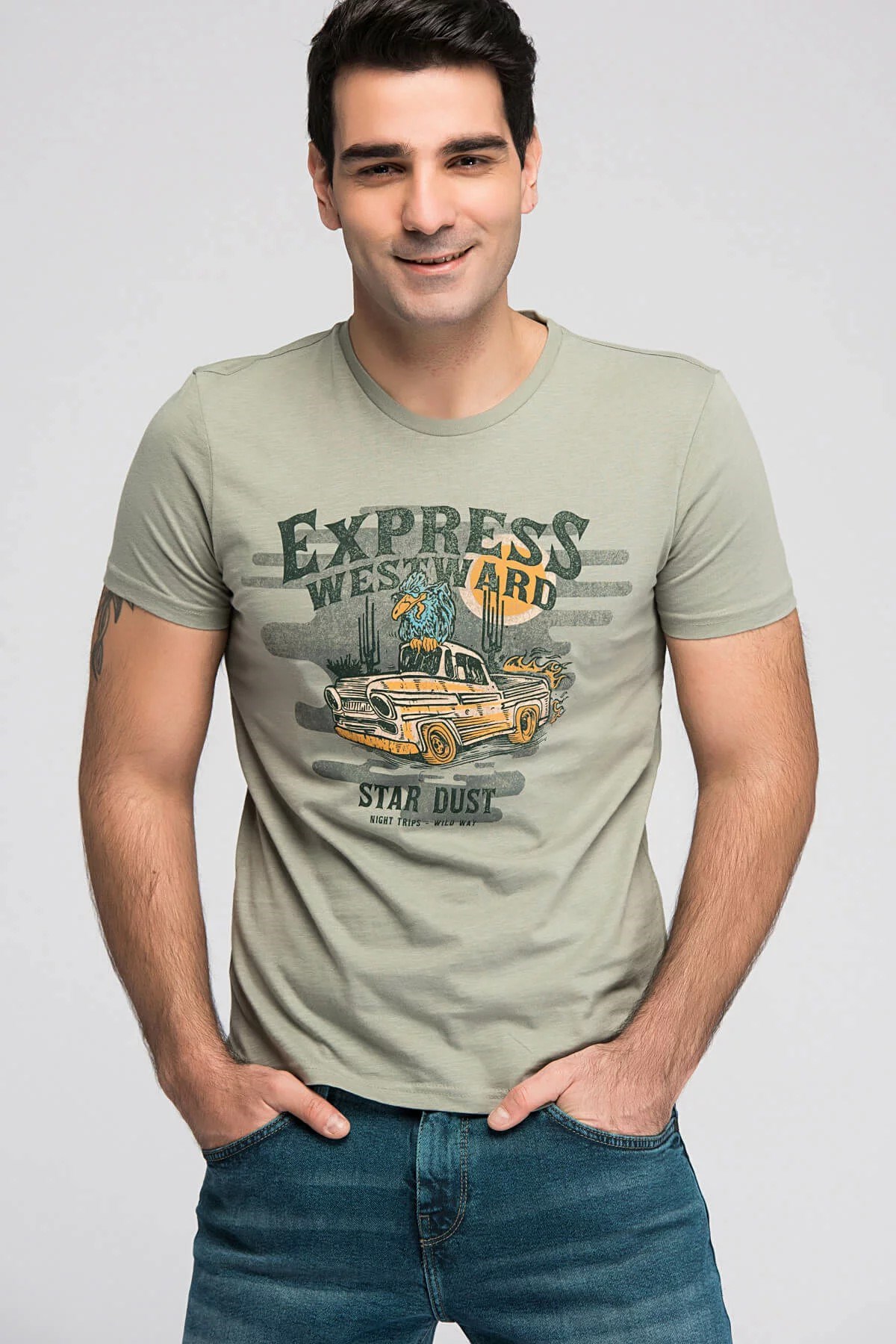 064657-25772MAVİ EXPRESS BASKILI TİŞÖRT açık haki
