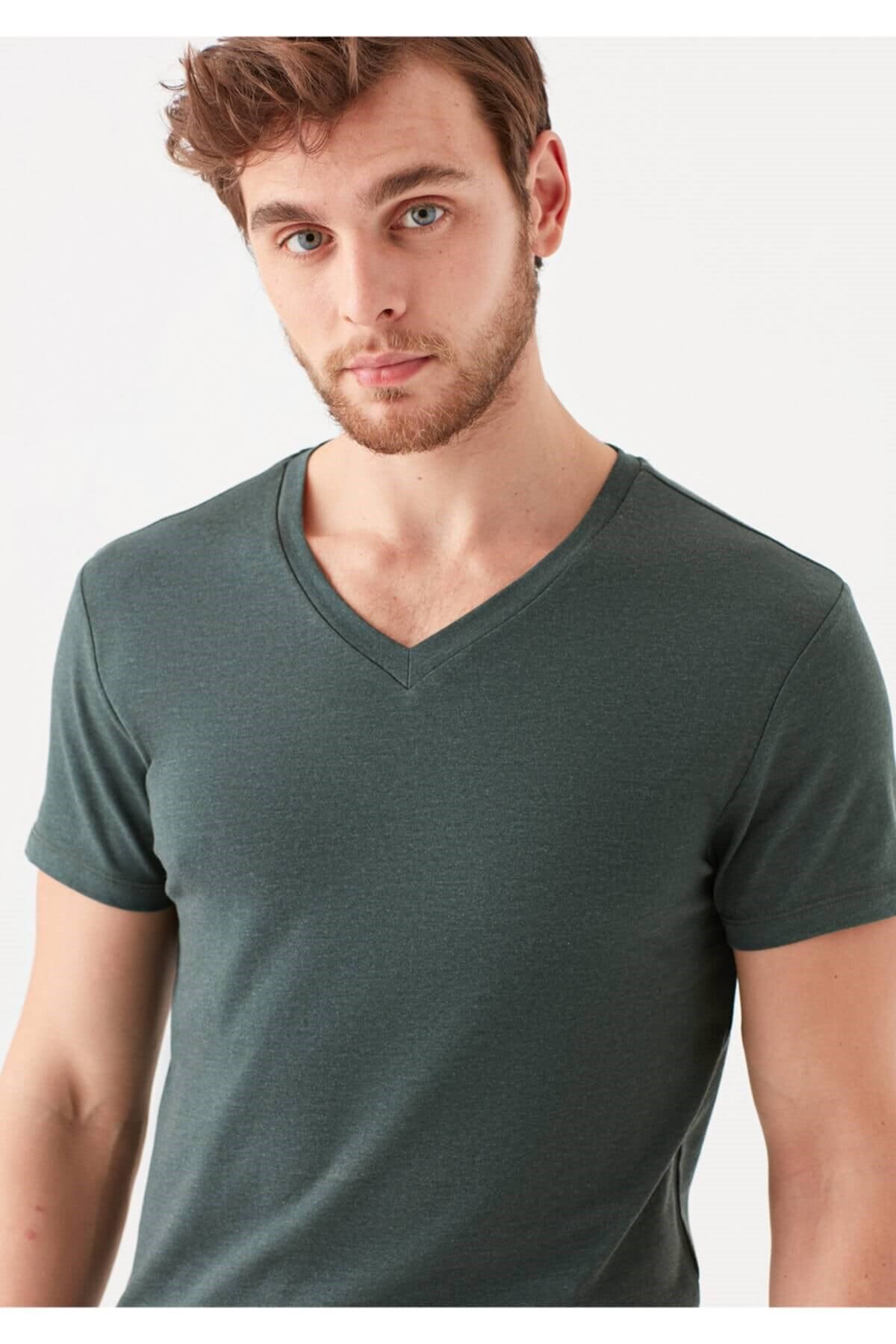 061748-25752Mavi Stretch V Yaka Erkek T-shirt Orman Yeşili