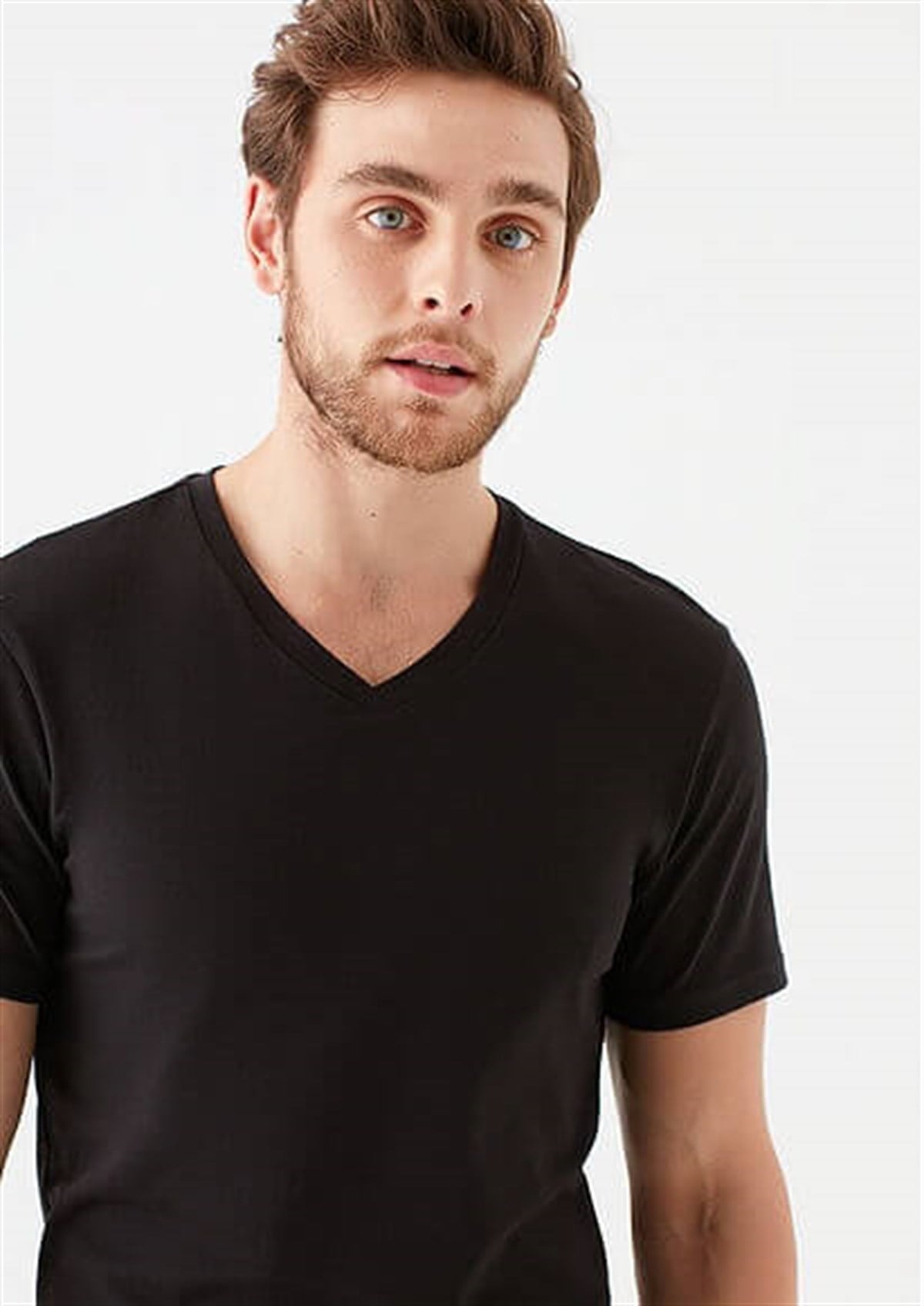 061748-900Mavi Stretch V Yaka Erkek T-shirt Siyah