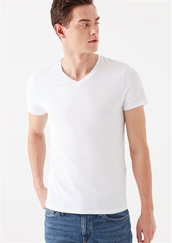 061748-620Mavi Stretch V Yaka Erkek T-shirt  Beyaz