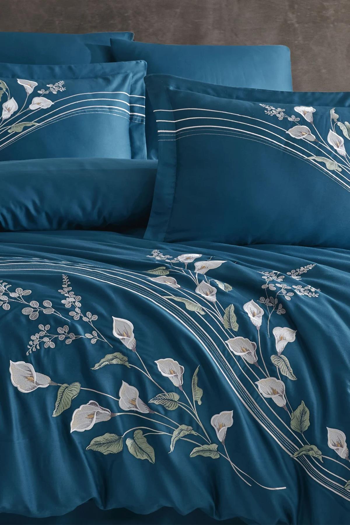 Dantela Vita Cala Nakışlı Pamuk Saten Nevresim Takımı Petrol