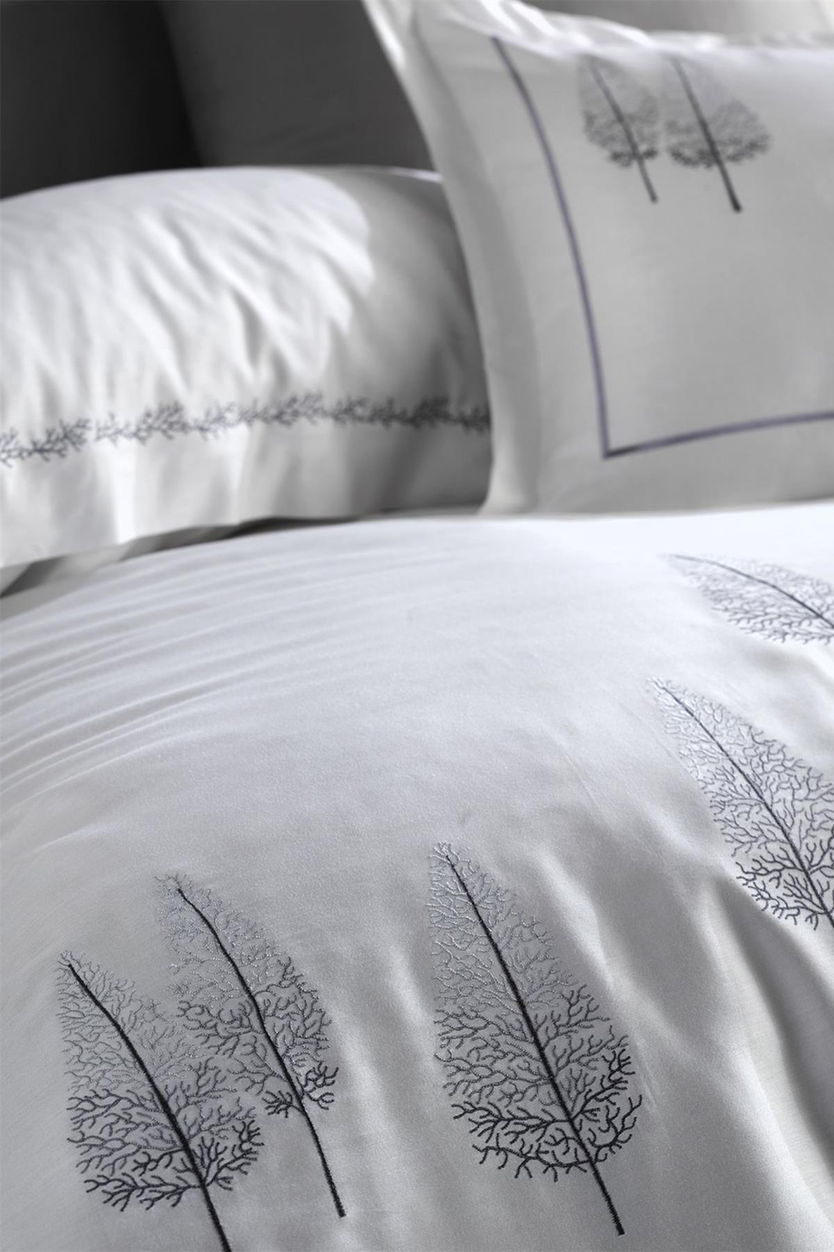 Dantela Vita Pamira Nakışlı Pamuk Saten Nevresim Takımı Beyaz-Antrasit