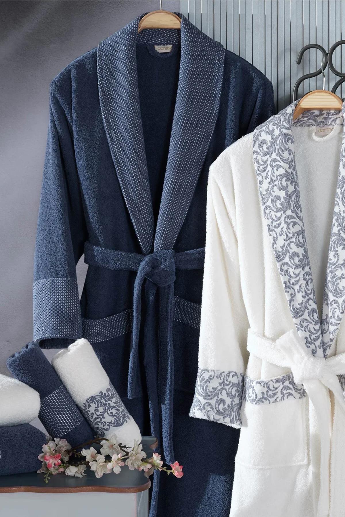 Dantela Vita Victoria 6lı Jakarlı Pamuklu Bornoz Seti Krem-Lacivert