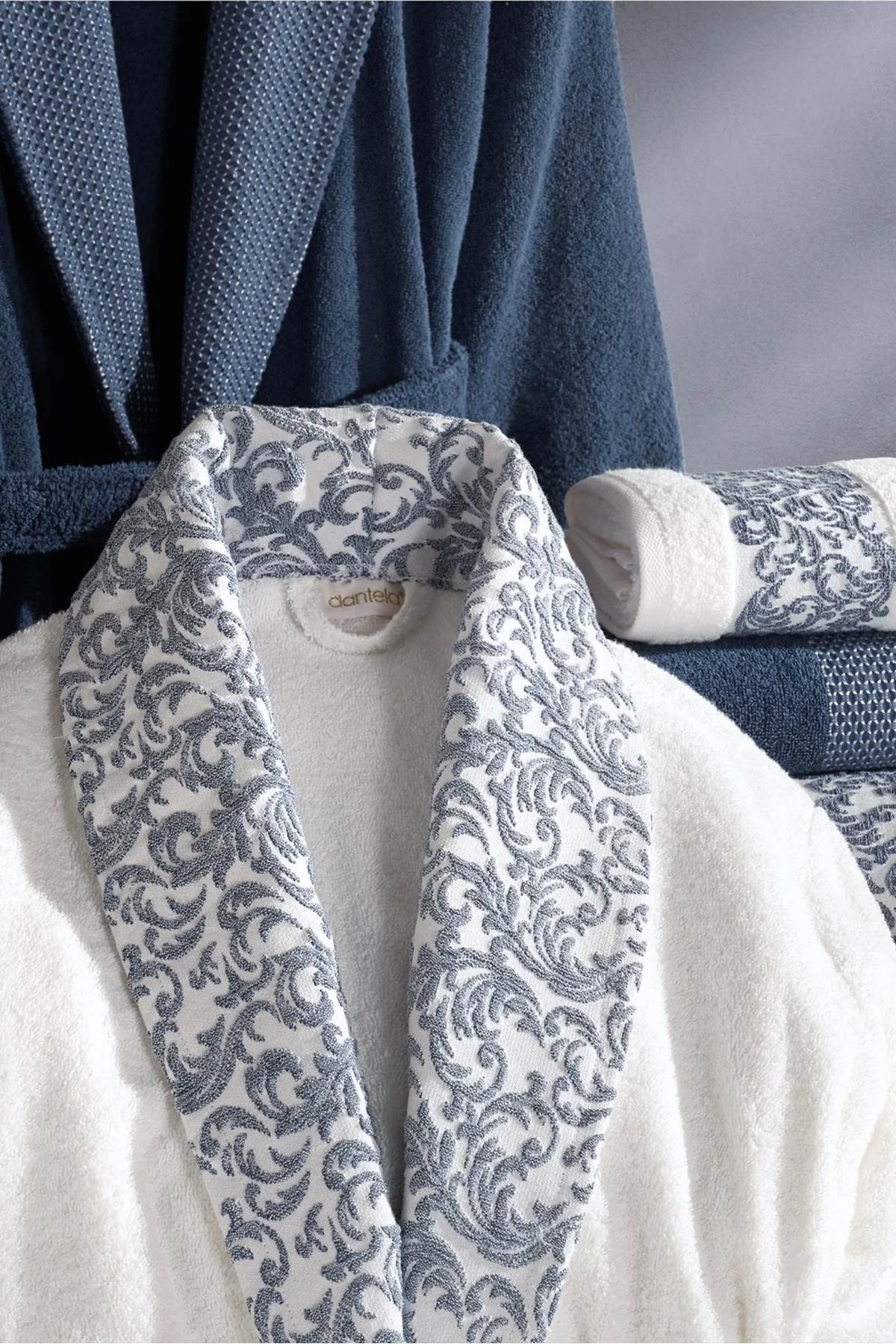 Dantela Vita Victoria 6lı Jakarlı Pamuklu Bornoz Seti Krem-Lacivert