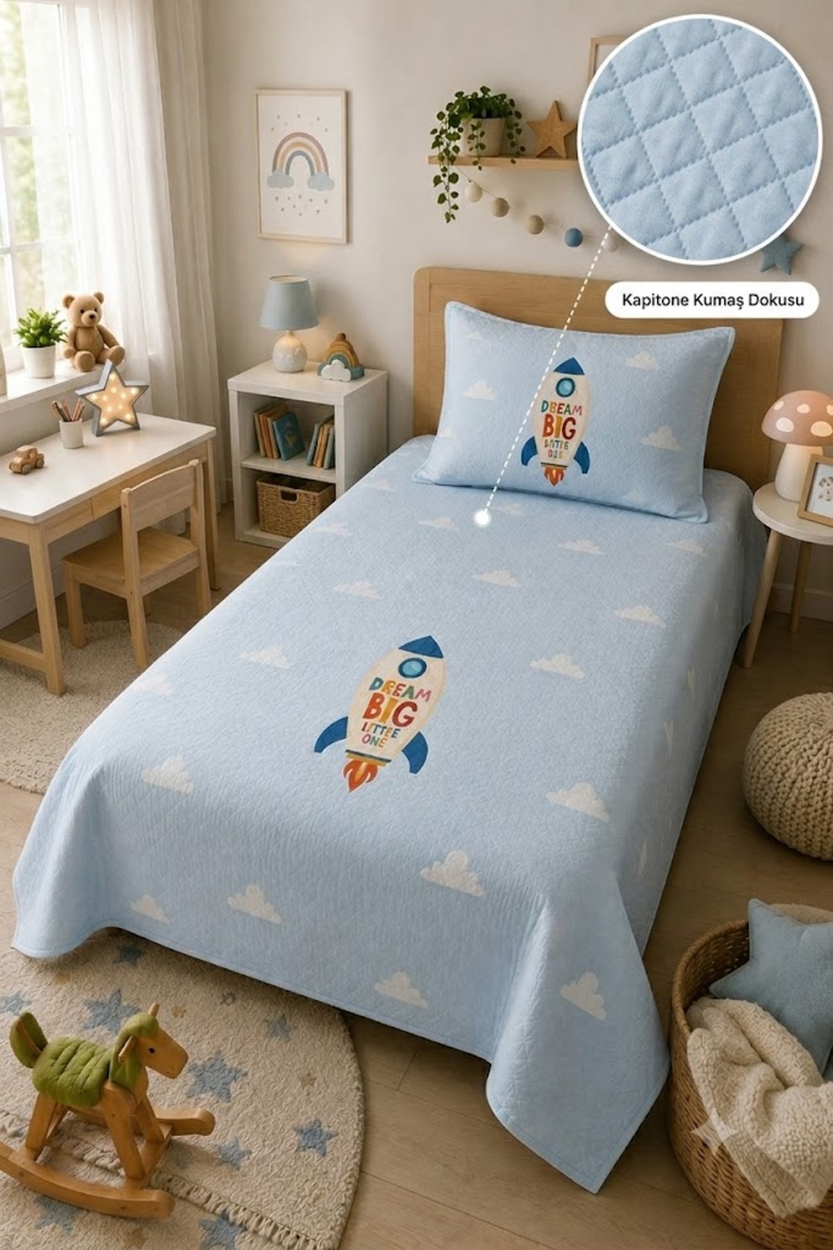 Evdek Bebek ve Çocuk Odası Rocket Dream – Roket Tek Kişilik Pike Takımı 160X230 Cm 6ETD9