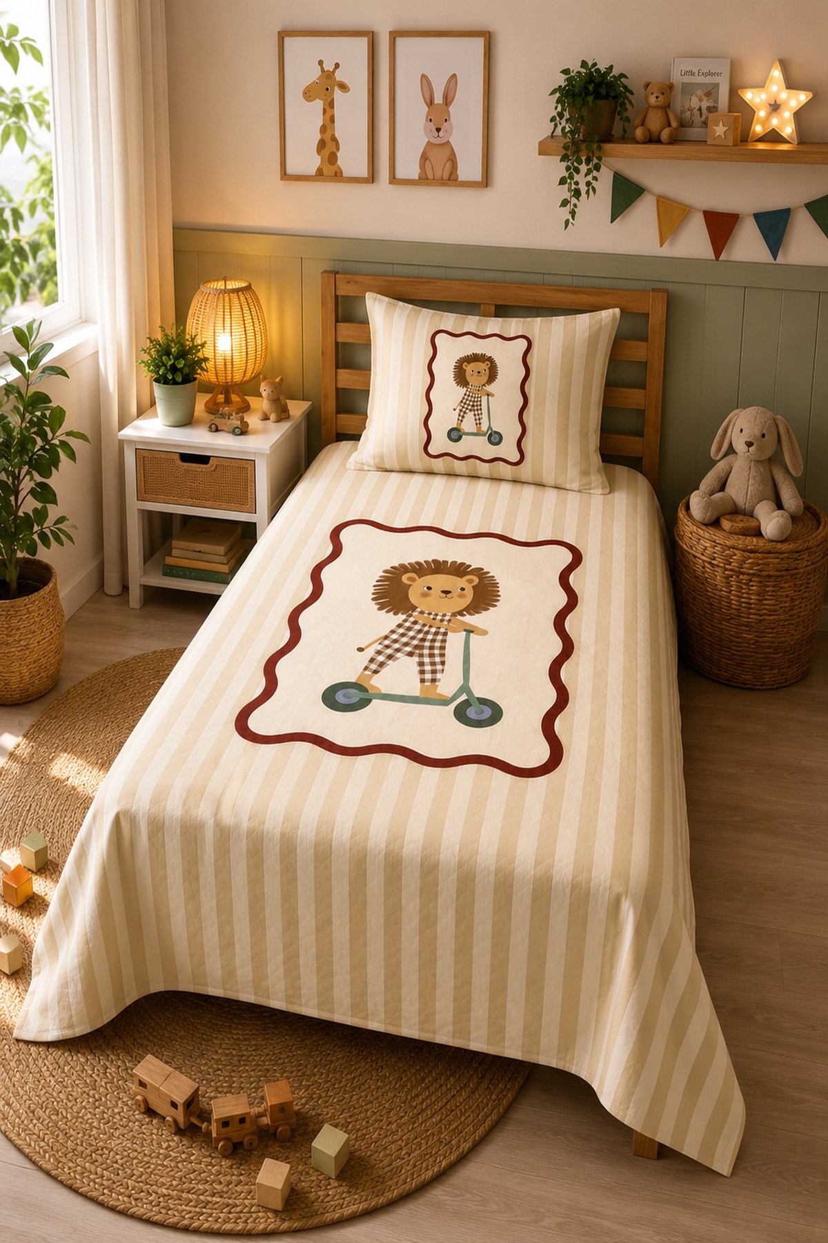 Evdek Bebek ve Çocuk Odası Scootie Lion – Scooterlı Aslan Tek Kişilik Pike Takımı 160X230 Cm 6ETD3