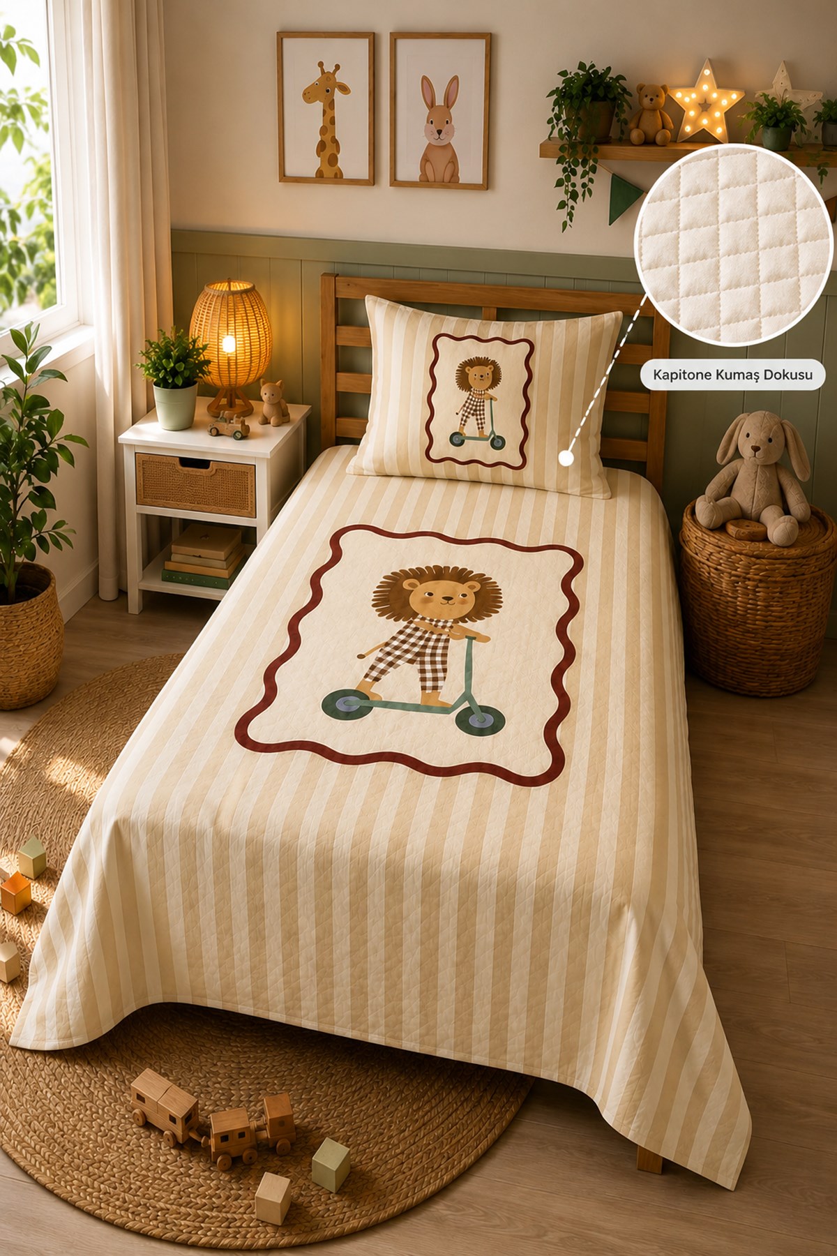 Evdek Bebek ve Çocuk Odası Scootie Lion – Scooterlı Aslan Tek Kişilik Pike Takımı 160X230 Cm 6ETD3