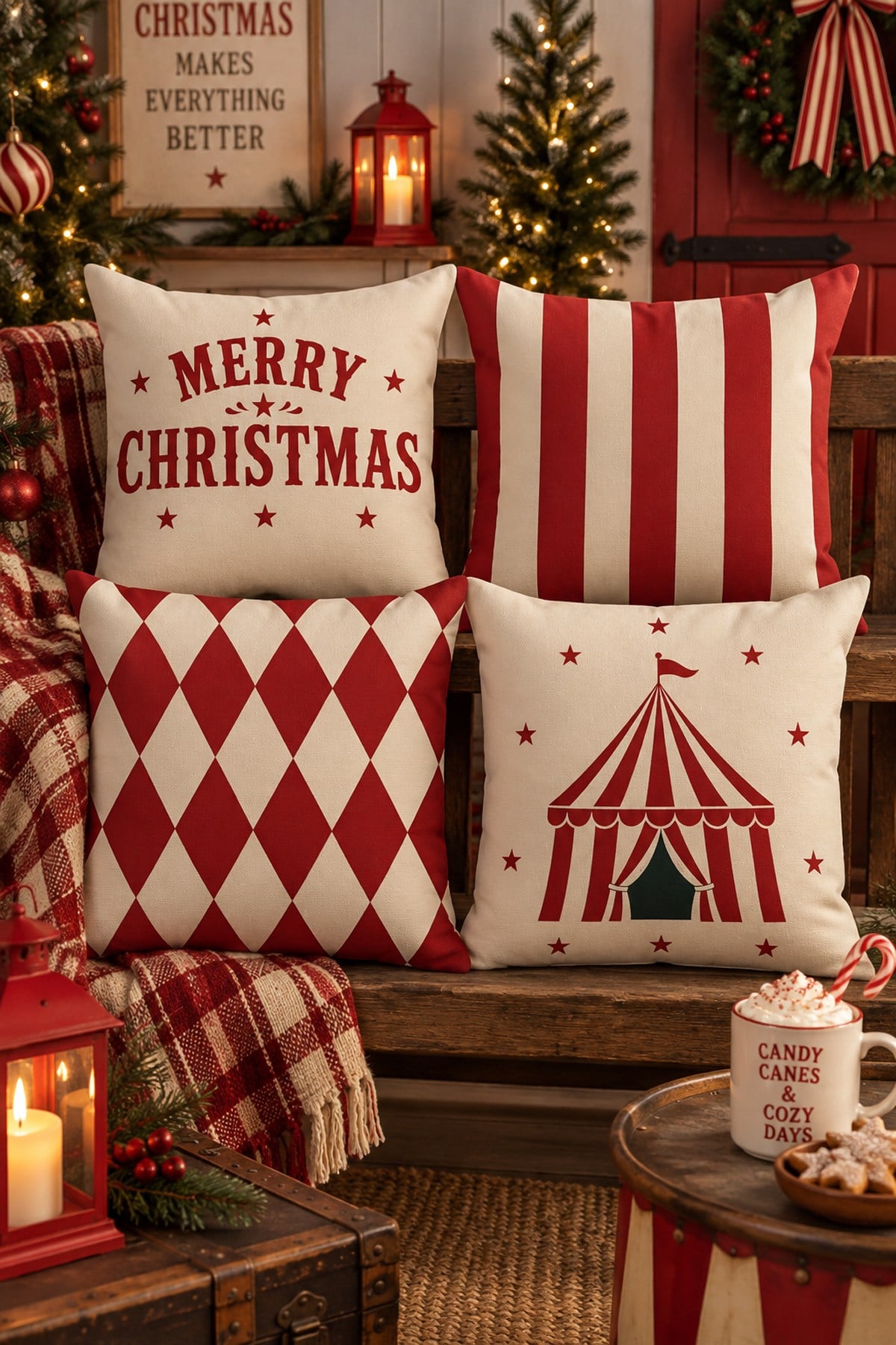 Evdek Christmas Çift Tarafı Baskılı 4’lü Kırlent Kılıfı 6ECHD7