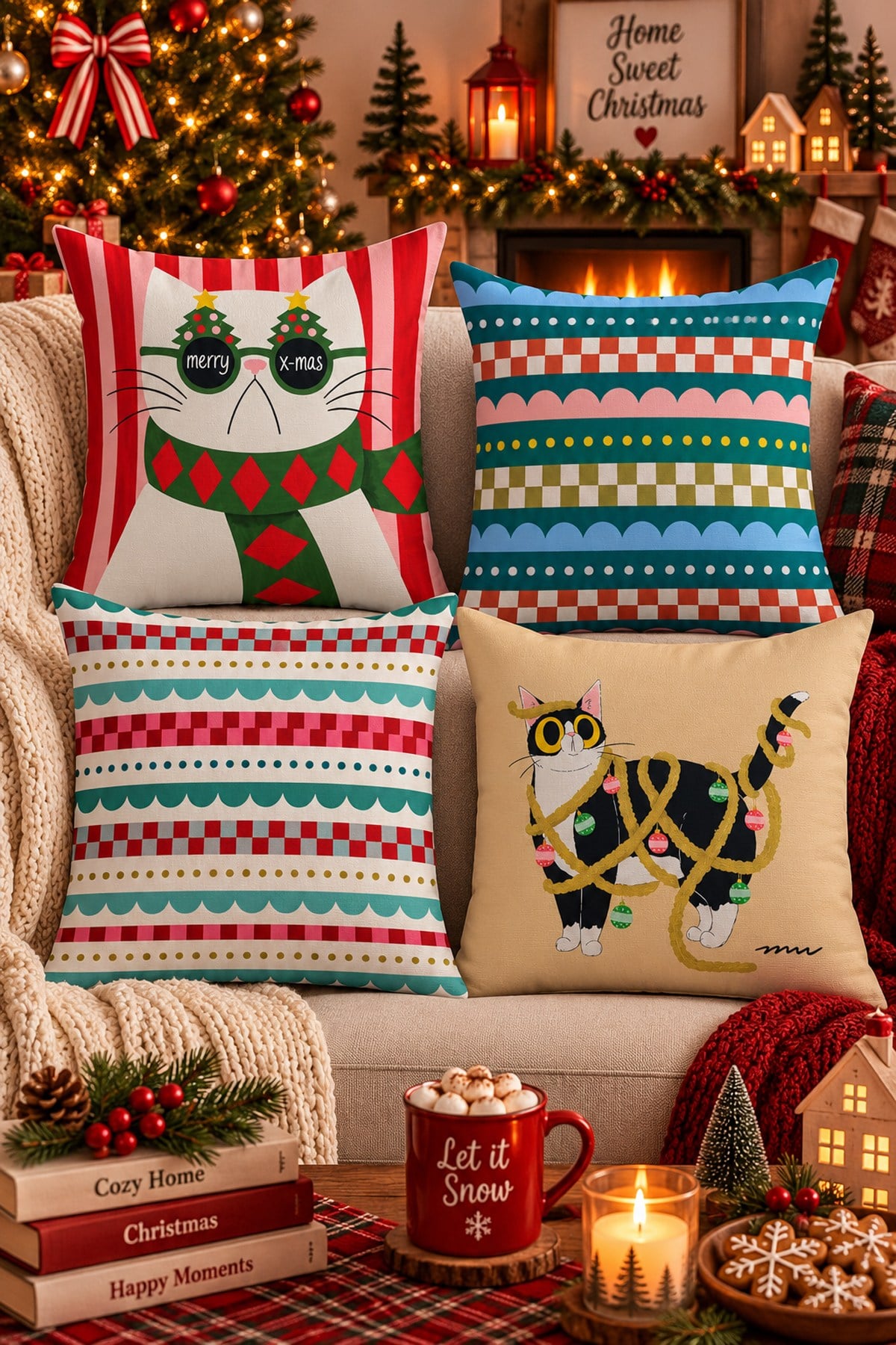 Evdek Christmas Çift Tarafı Baskılı 4’lü Kırlent Kılıfı 6ECHD10