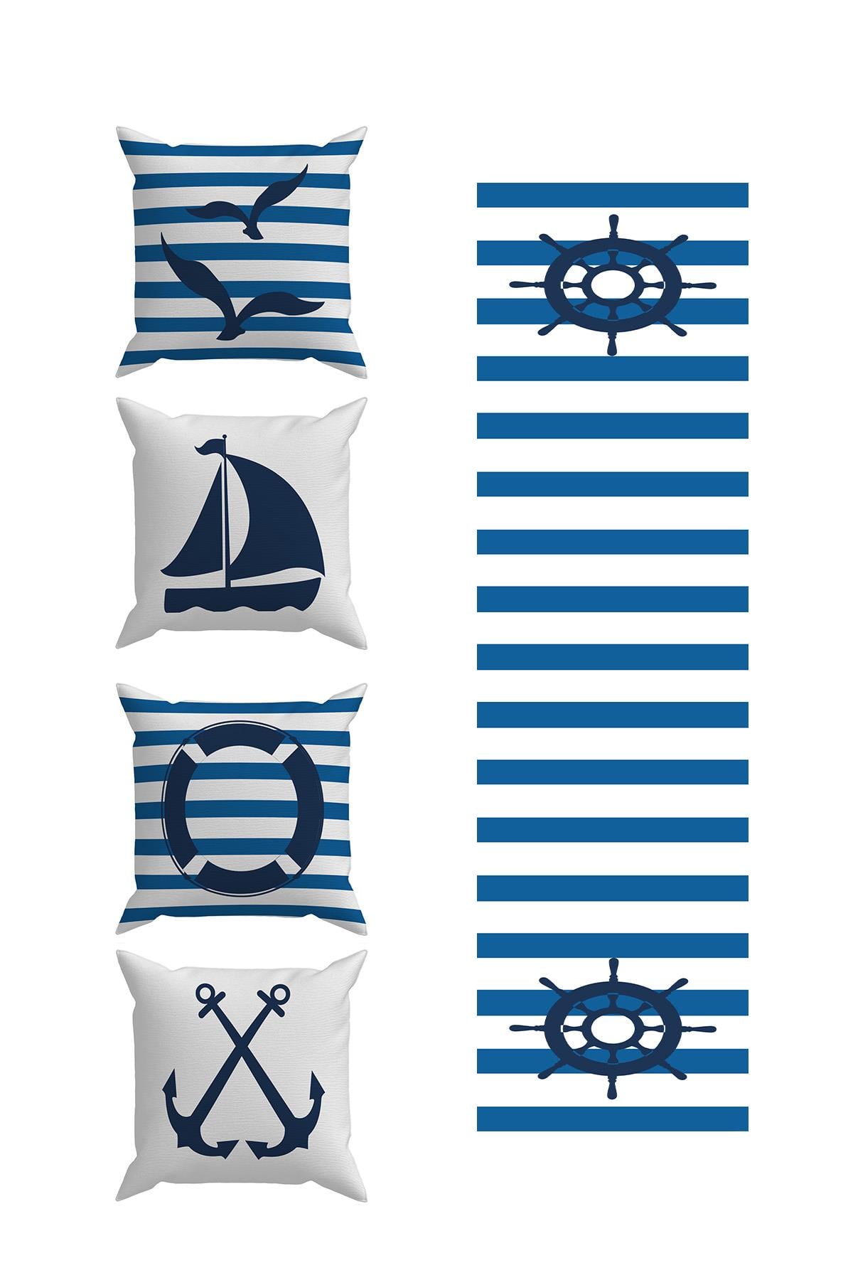 Evdek Marin 4’lü Kırlent Kılıf ve Runner Seti