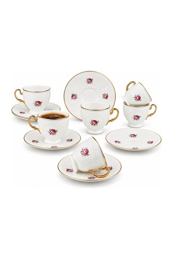 Kosova Embossed Rose Ayaklı Kahve Fincan Takımı 6lı 90 cc