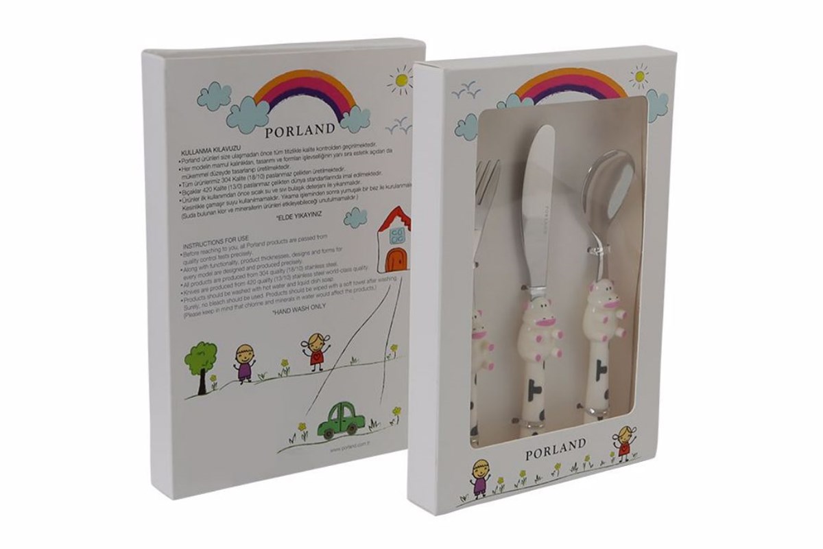 Porland Mini Cow Çocuk Çatal Kaşık Bıçak Takımı 3 Parça