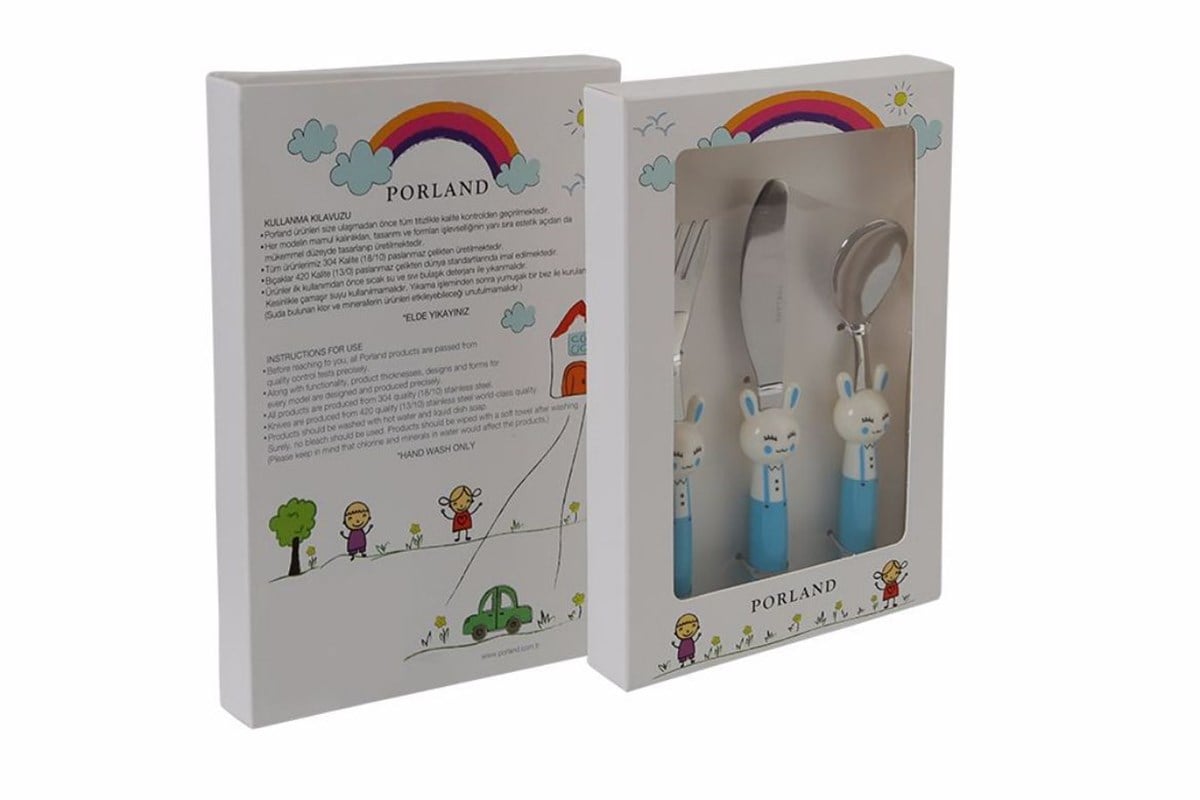 Porland Mini Rabbit Mavi Çocuk Çatal Kaşık Bıçak Takım 3 Parça