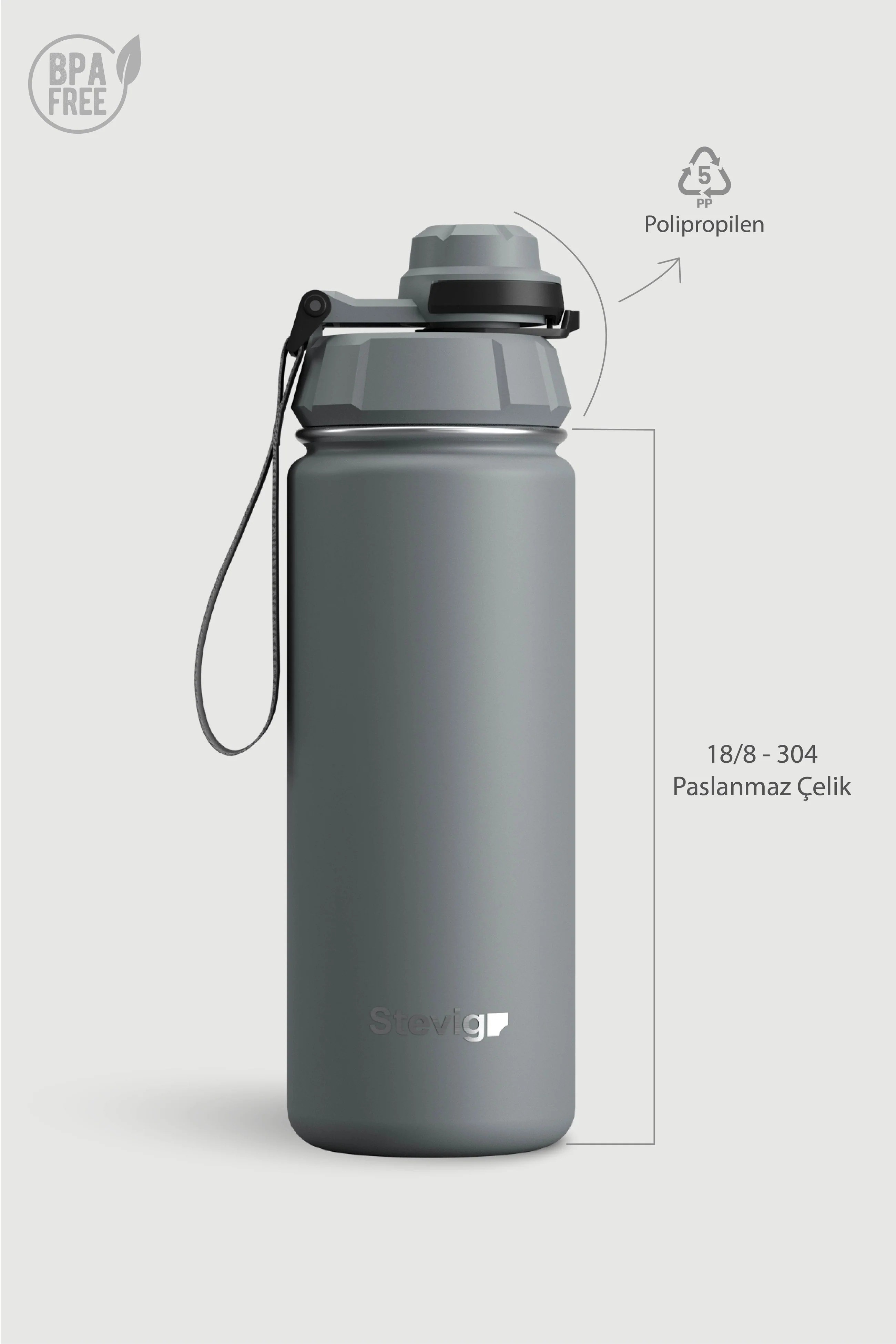 Stevig 1 Hand Leak-Proof Sızdırmaz Çelik Termos Grey 500 ml