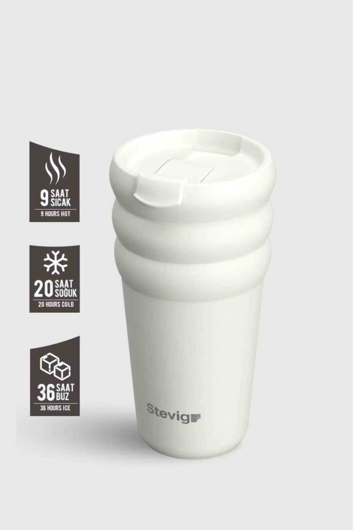 Stevig 3 Bubble Two-Cap Straw Tumbler Çelik Termos White Stone 600 ml