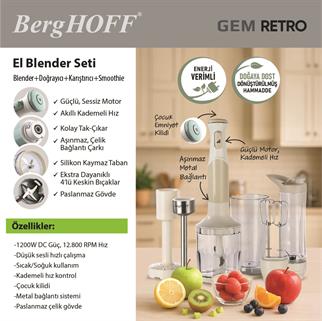 Berghoff Gem Retro Rengi El Blender Seti 1200 W Krem