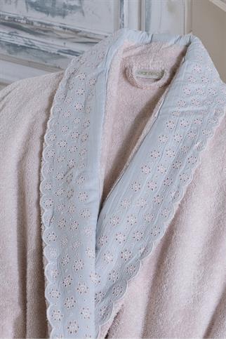 Dantela Ada 6lı Jakarlı Pamuklu Bornoz Seti Pudra-Mavi
