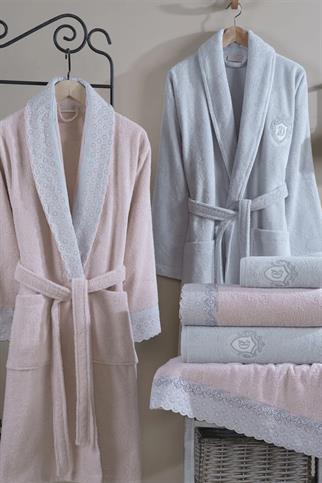 Dantela Ada 6lı Jakarlı Pamuklu Bornoz Seti Pudra-Mavi