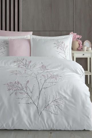 Dantela Blesk Nakışlı Pamuk Saten Nevresim Takımı Krem