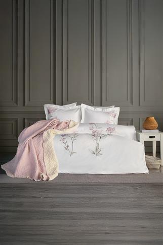 Dantela Lavinya Nakışlı Nevresim Takımı & Yatak Örtüsü Seti Çift Kişilik Pudra