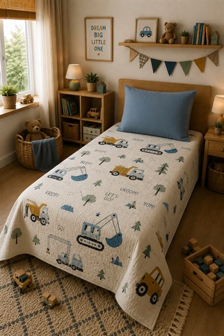 Evdek Bebek ve Çocuk Odası Build Town – İş Makineleri Tek Kişilik Pike Takımı 160X230 Cm 6ETD16