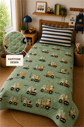 Evdek Bebek ve Çocuk Odası Builder Truck İnşaat Kamyonları Tek Kişilik Pike Takımı 160x230 Cm 6EAD10