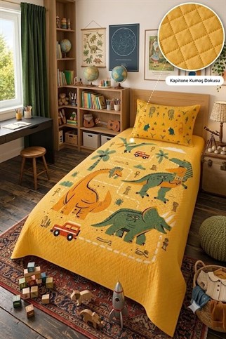 Evdek Bebek ve Çocuk Odası Dino Trail – Dinozor Tek Kişilik Pike Takımı 160X230 Cm 6ETD11