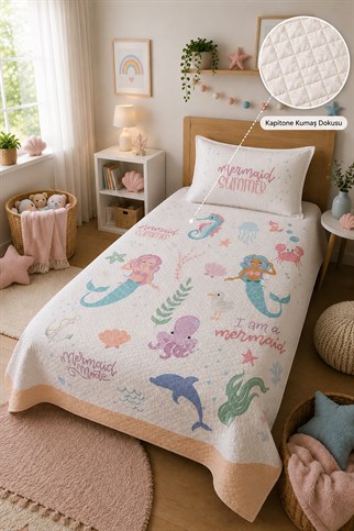 Evdek Bebek ve Çocuk Odası Mermaid Dream – Deniz Kızı Tek Kişilik Pike Takımı 160X230 Cm 6ETD2