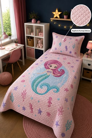 Evdek Bebek ve Çocuk Odası Mermaid Pearl – İnci Deniz Kızı Tek Kişilik Pike Takımı 160X230 Cm 6ETD14