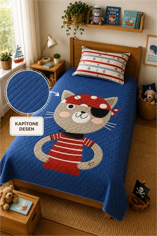 Evdek Bebek ve Çocuk Odası Pirate Cat - Korsan Kedi Tek Kişiliik Pike Takımı 160X230 Cm 6EAD9