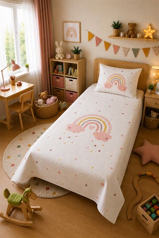 Evdek Bebek ve Çocuk Odası Rainbow Dream – Gökkuşağı Tek Kişilik Pike Takımı 160X230 Cm 6ETD5