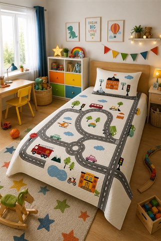 Evdek Bebek ve Çocuk Odası Road Town – Yol Tek Kişilik Pike Takımı 160X230 Cm 6ETD1