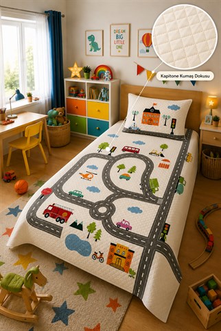 Evdek Bebek ve Çocuk Odası Road Town – Yol Tek Kişilik Pike Takımı 160X230 Cm 6ETD1