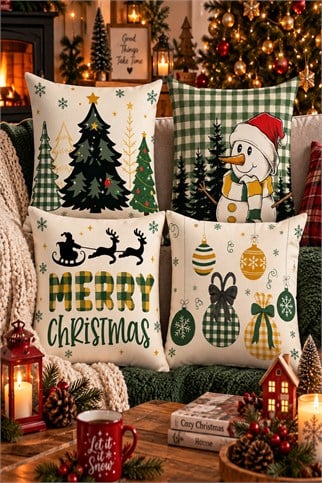 Evdek Christmas Çift Tarafı Baskılı 4’lü Kırlent Kılıfı 6ECHD9