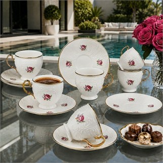 Kosova Embossed Rose Ayaklı Kahve Fincan Takımı 6lı 90 cc