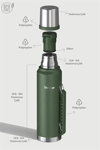 Stevig 1 Camper Klasik Kulplu Sızdırmaz Çelik Termos Green 1.2 lt