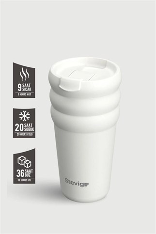 Stevig 3 Bubble Two-Cap Straw Tumbler Çelik Termos White Stone 600 ml