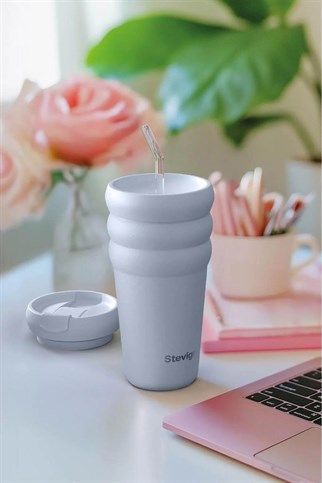 Stevig 3 Bubble Two-Cap Straw Tumbler Çelik Termos Zen Blue 600 ml